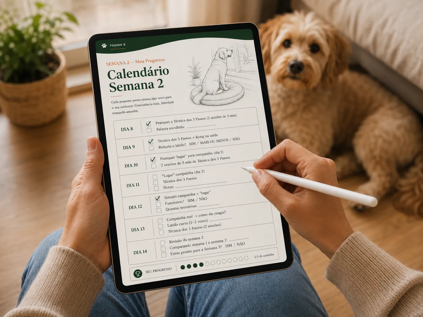 Tutora marcando o calendário semanal da cartilha Cão Quieto com seu cachorro ao fundo